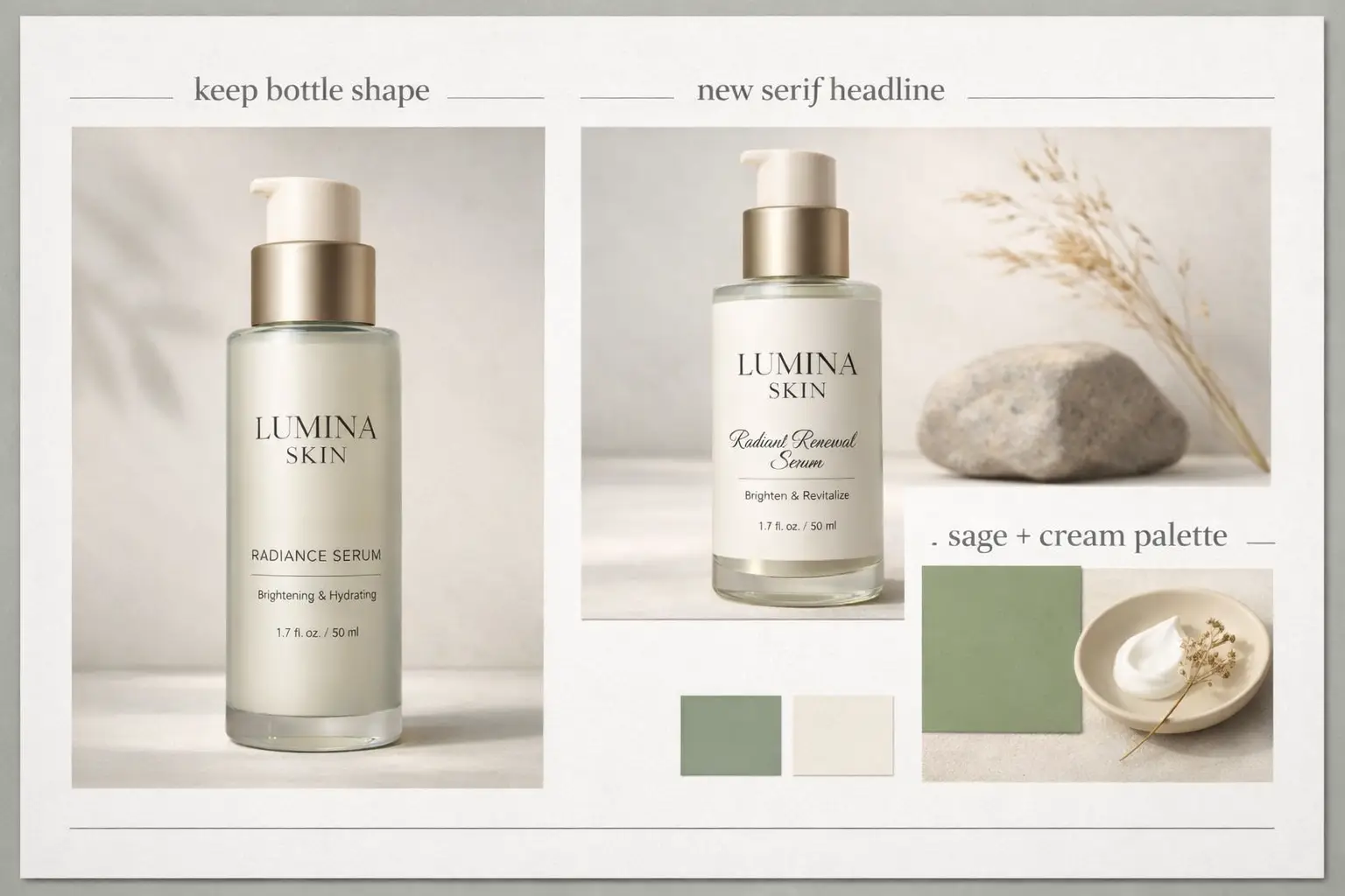 A modern packaging refresh concept featuring an updated label system and clean, professional product presentation.