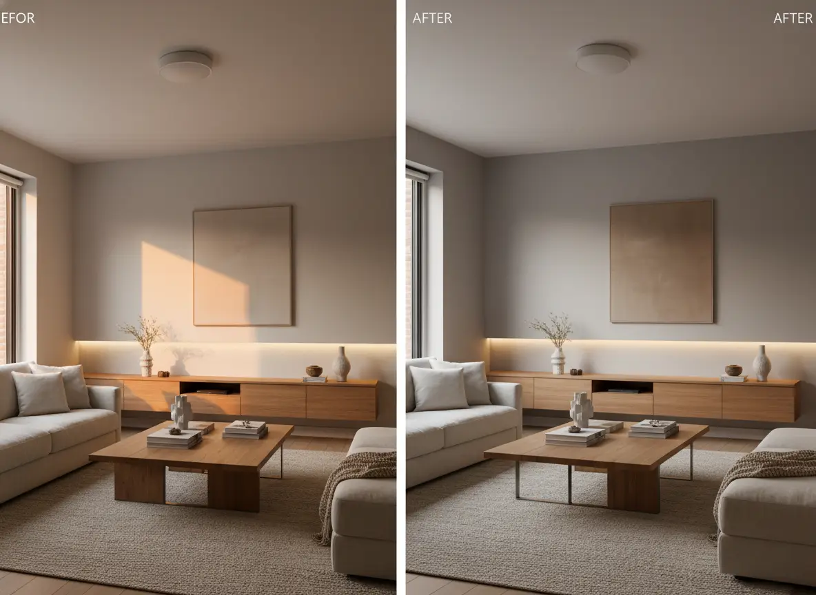 A fast living-room refresh edit with warmer natural materials and a cleaner modern styling direction.